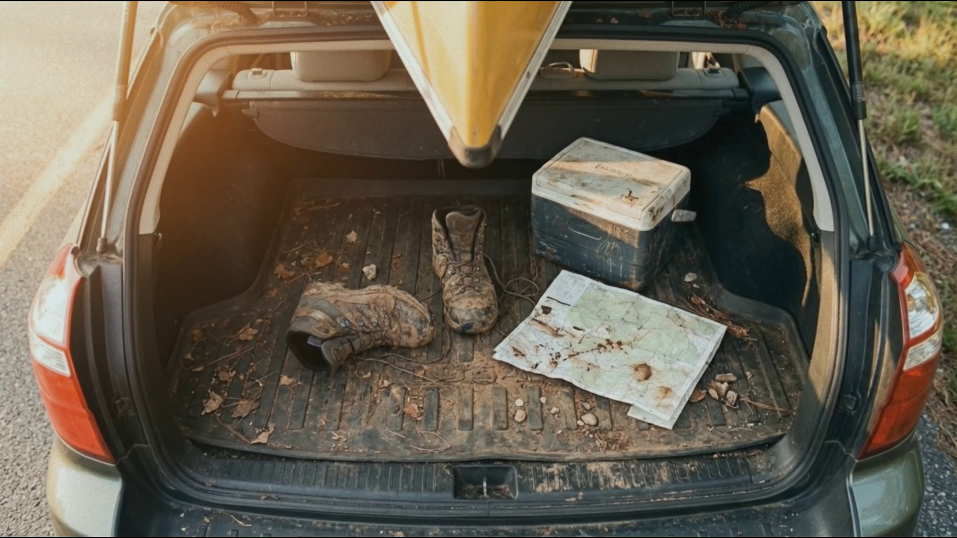 Subaru — muddy trunk with boots, map, and gear
